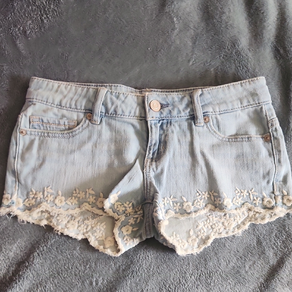 Garage Light Blue Jean Shorts with Floral Trim